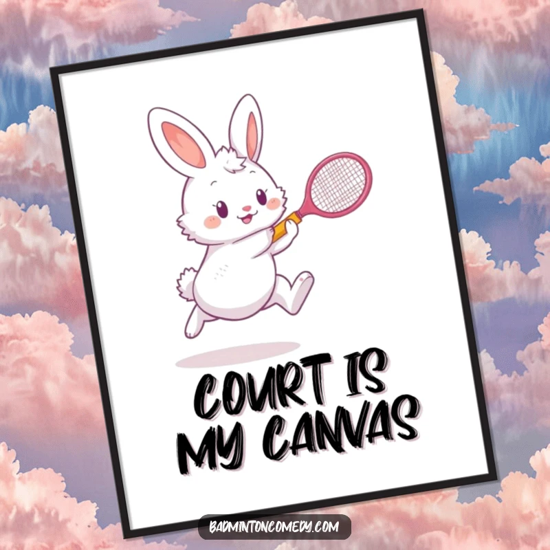 Funny bunny in an athletic pose playing badminton, perfect for printable digital art, a humorous gift.