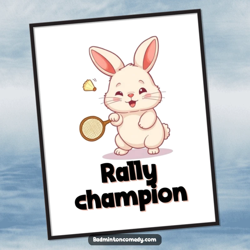 Funny Bunny Badminton Digital Art Print: A fluffy bunny artistically hits a shuttlecock with a tiny badminton racket, full of energy.