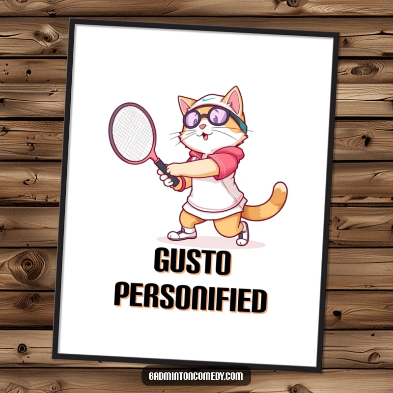 Funny cat in athletic gear swinging a badminton racket with gusto, printable digital art for humorous decor.