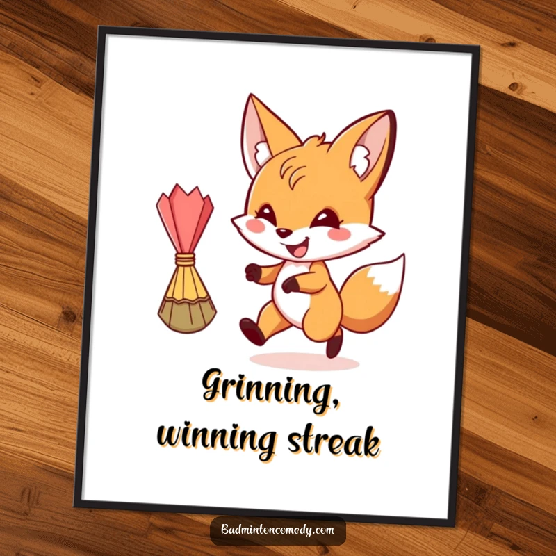 Funny fox character chasing a shuttlecock on printable digital art, perfect for a funny gift.