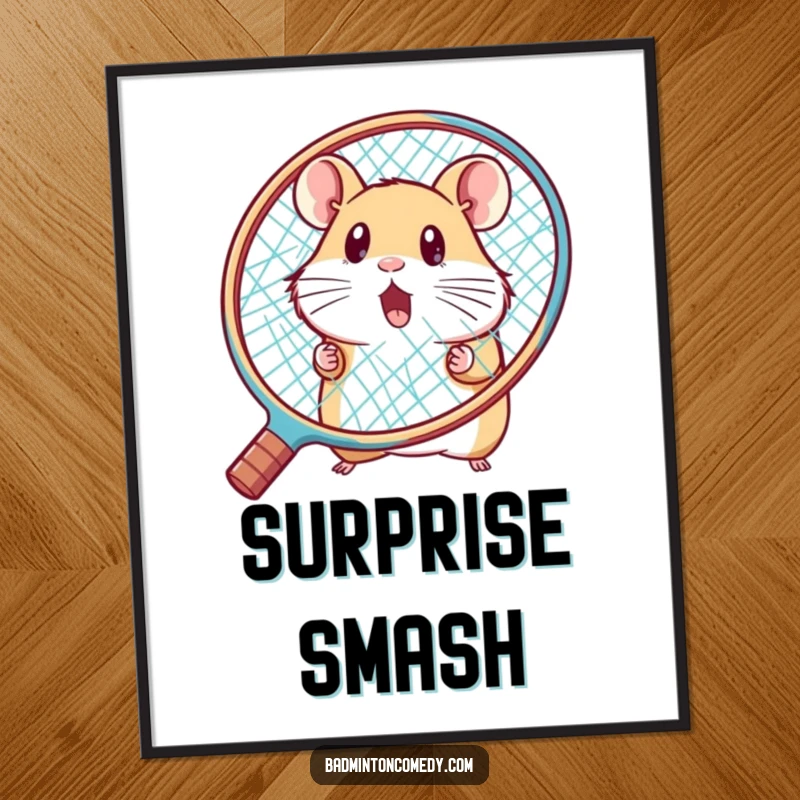 Funny hamster peeking from behind a large racket, looking surprised, on a humorous badminton digital art print.