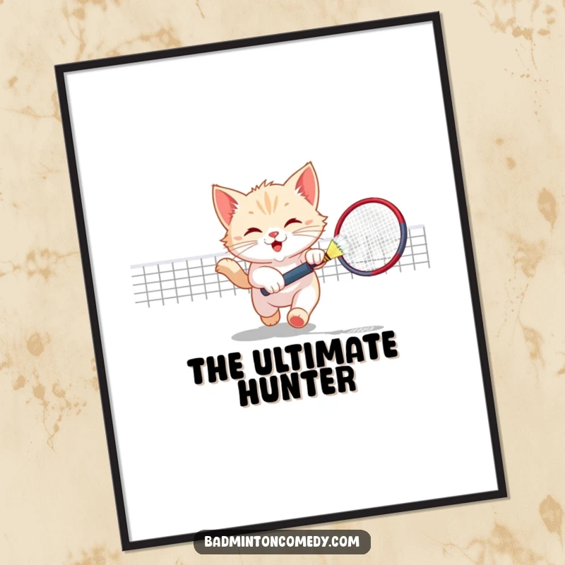Funny Kitten Badminton Digital Art Print: A playful kitten chasing a shuttlecock, perfect for instant humorous and cute wall art.