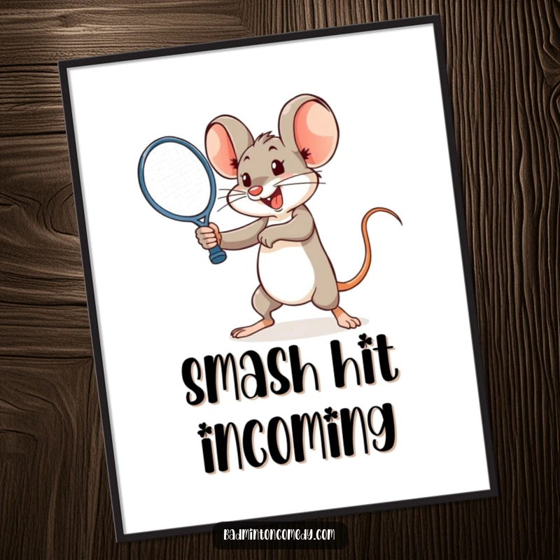 Funny cheerful mouse delivering a powerful badminton smash in digital art, ideal for energetic decor.