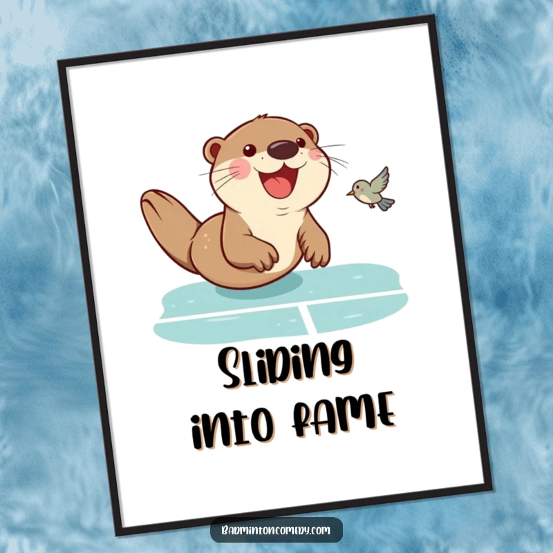 Funny Otter Badminton Digital Art: A smiling otter slides on a badminton court, captured in a humorous, athletic pose for art.