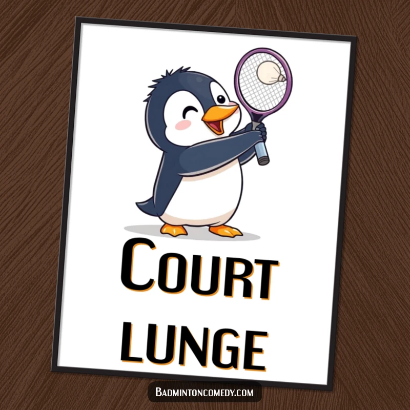 Funny Penguin Badminton Digital Art Print: A penguin character lunges powerfully, racket raised high to hit a shuttlecock with determination.