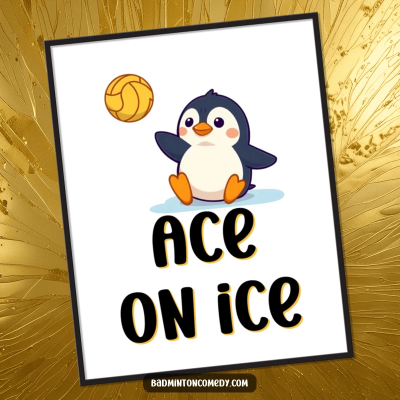 Funny Digital Art: A determined penguin sliding on a tennis court, a humorous and energetic piece for wall decor.