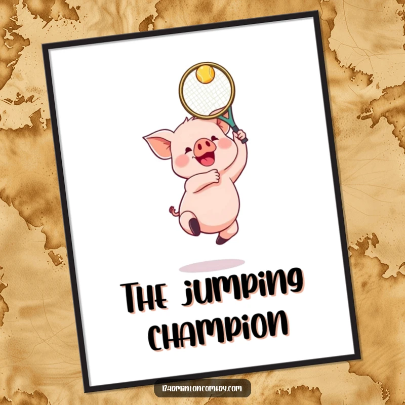 Funny Piglet Badminton Digital Art Print: A gleeful piglet jumping with a badminton racket, perfect for instant humorous wall art.