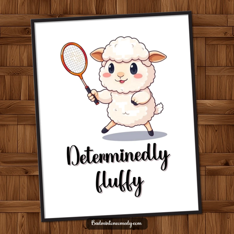 Funny fluffy sheep with a determined expression, playing badminton with a shuttlecock, humorous digital art.