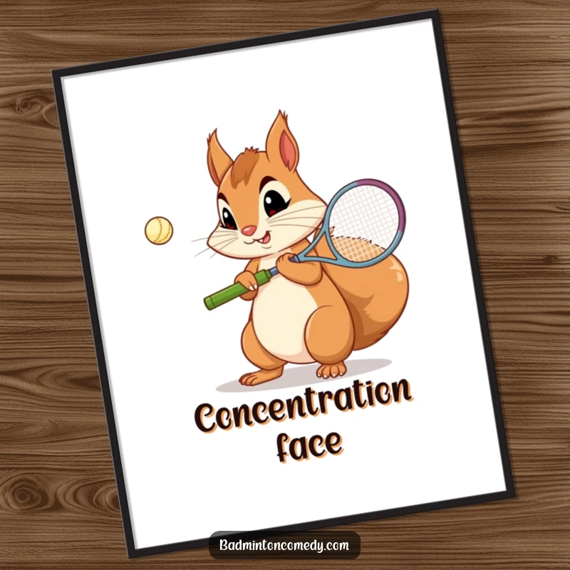 Funny Squirrel Badminton Digital Art: A curious squirrel with a concentration face practicing its badminton serve, artful and humorous.