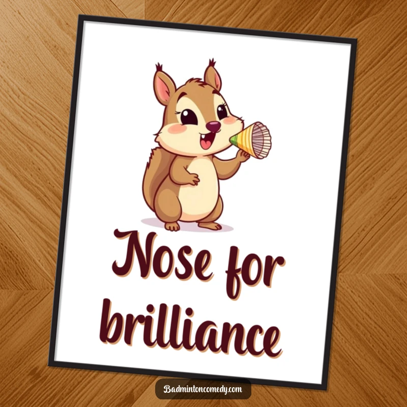 Funny Squirrel Shuttlecock Art Print depicting a happy squirrel balancing a shuttlecock on its nose, perfect for whimsical decor.