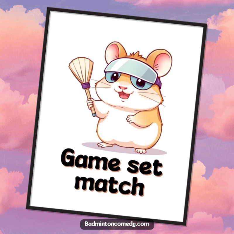 Funny cartoon hamster in visor serving shuttlecock, printable digital art for humorous badminton lovers and home decor.