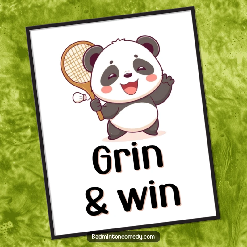 Funny panda with a large racket, gleefully striking a shuttlecock, a vibrant digital artwork of badminton fun.