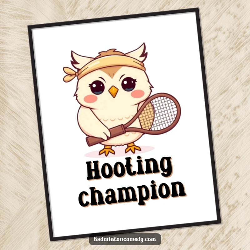 Funny digital art print of a smiling owl character in a headband holding a tennis racket, ready for a badminton match.