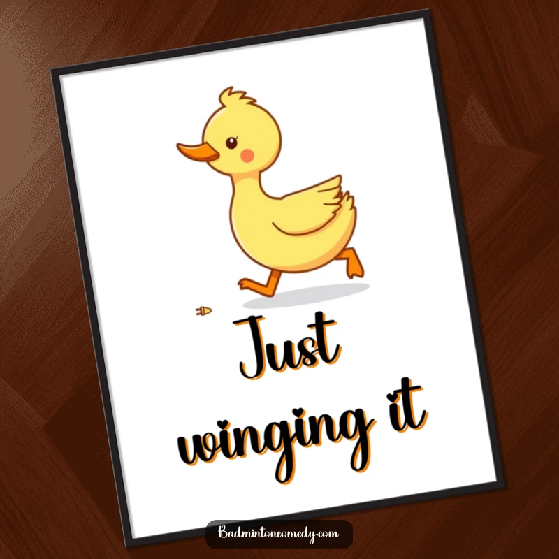Funny duck waddling fast after a shuttlecock in digital art, ideal for humorous wall decor.