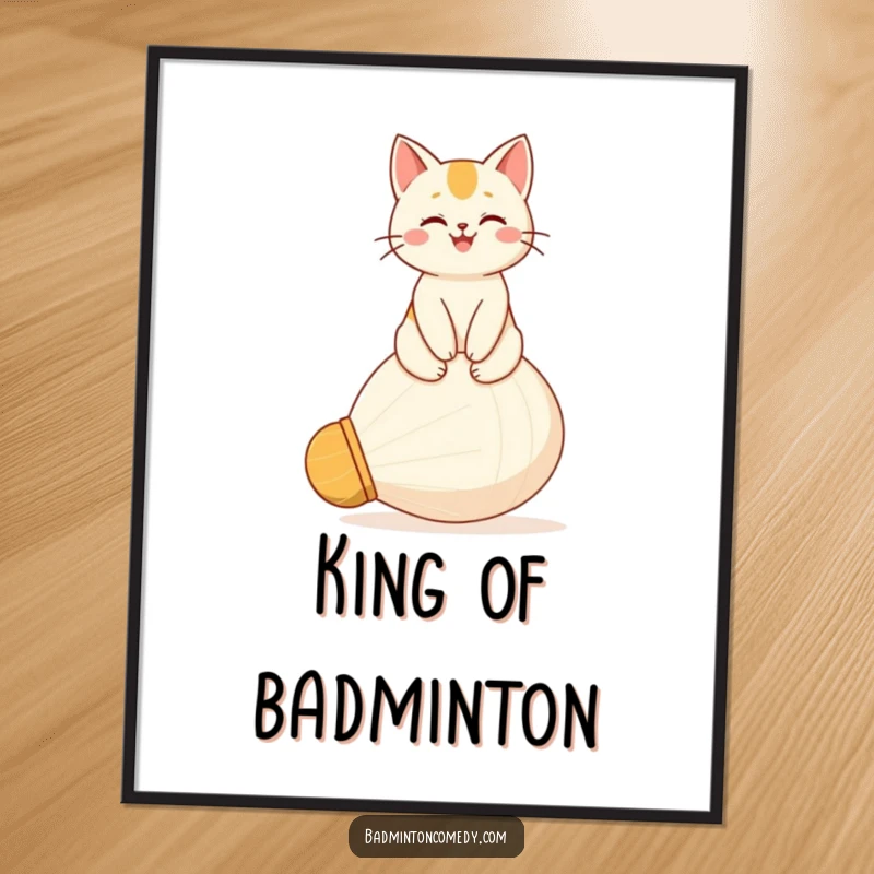 Funny digital art print of a happy cat character sitting proudly on a giant shuttlecock, radiating a sense of accomplishment.