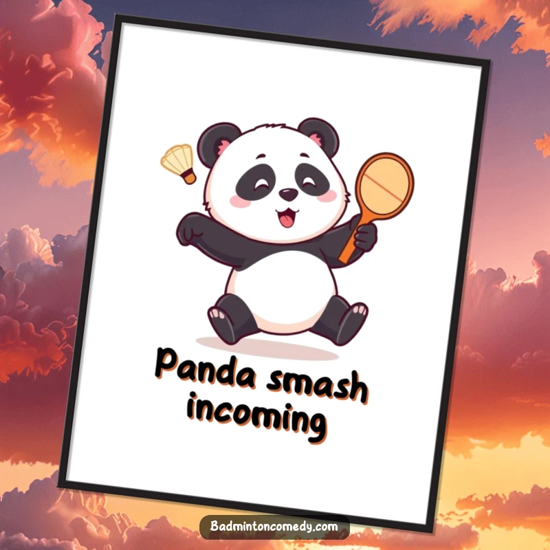 Funny panda digital art print, a playful bear comically chasing a shuttlecock with a racket, showcasing hilarious sporting action.