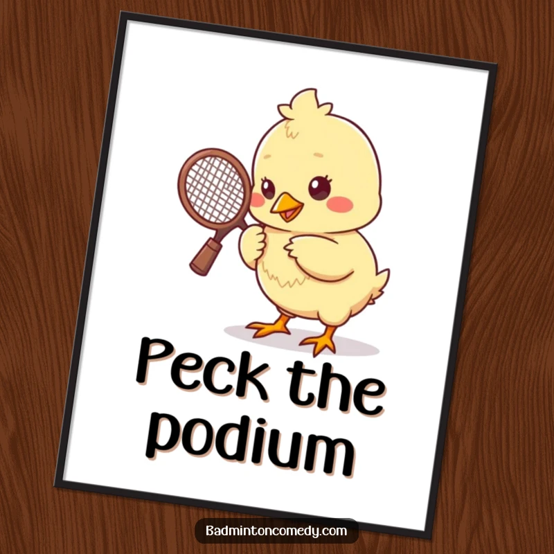 Funny chick pecking a shuttlecock with a tiny racket, vibrant digital art showcasing adorable badminton humor.