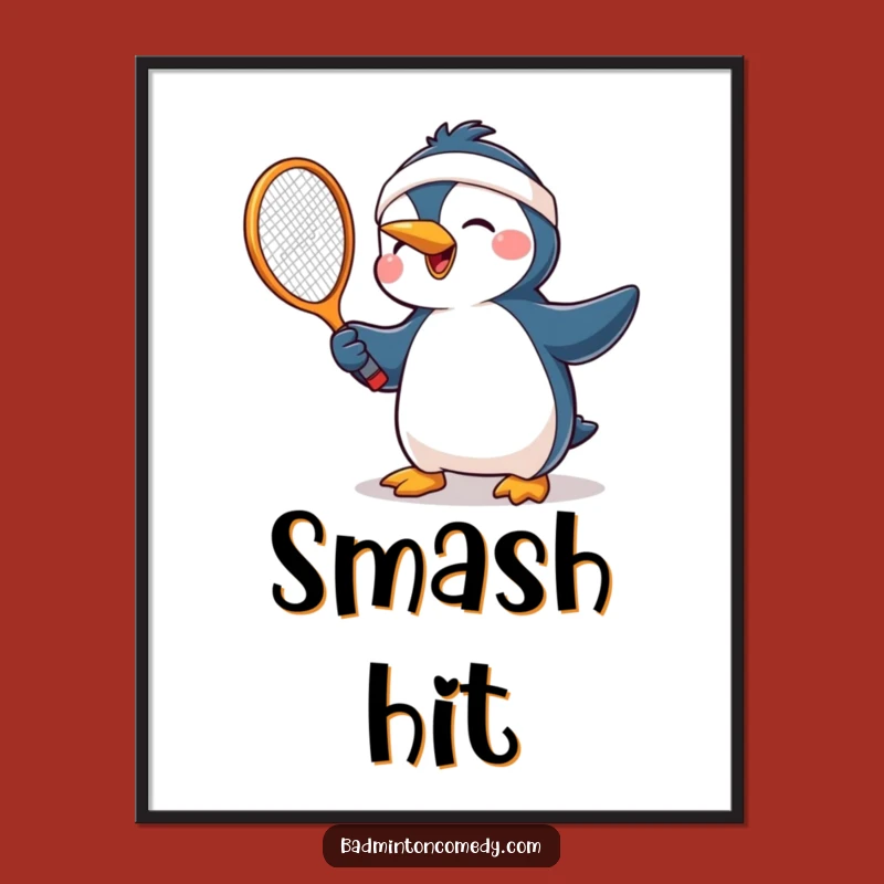 Funny Penguin Tennis Joy Digital Print: Humorous Racket Swing Wall Art Gift