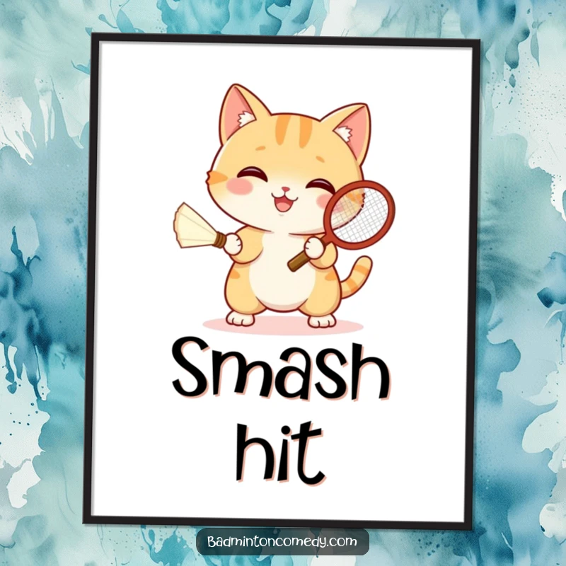 Funny cat artistically rendered playing badminton with a shuttlecock, ready to be printed as digital art.