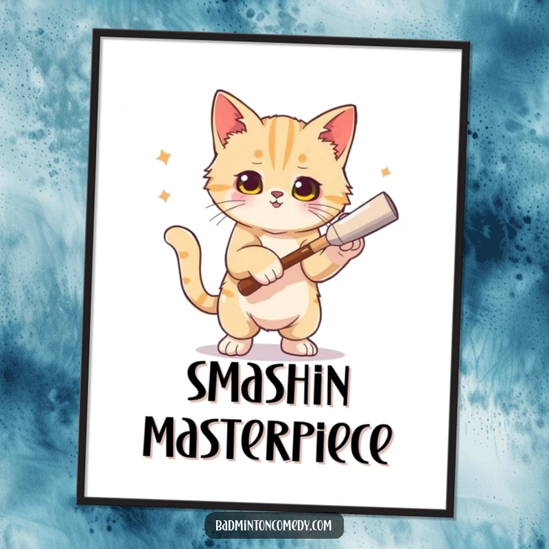 Funny cat tennis digital art print of a sophisticated cat in an artistic pose after a winning smash.