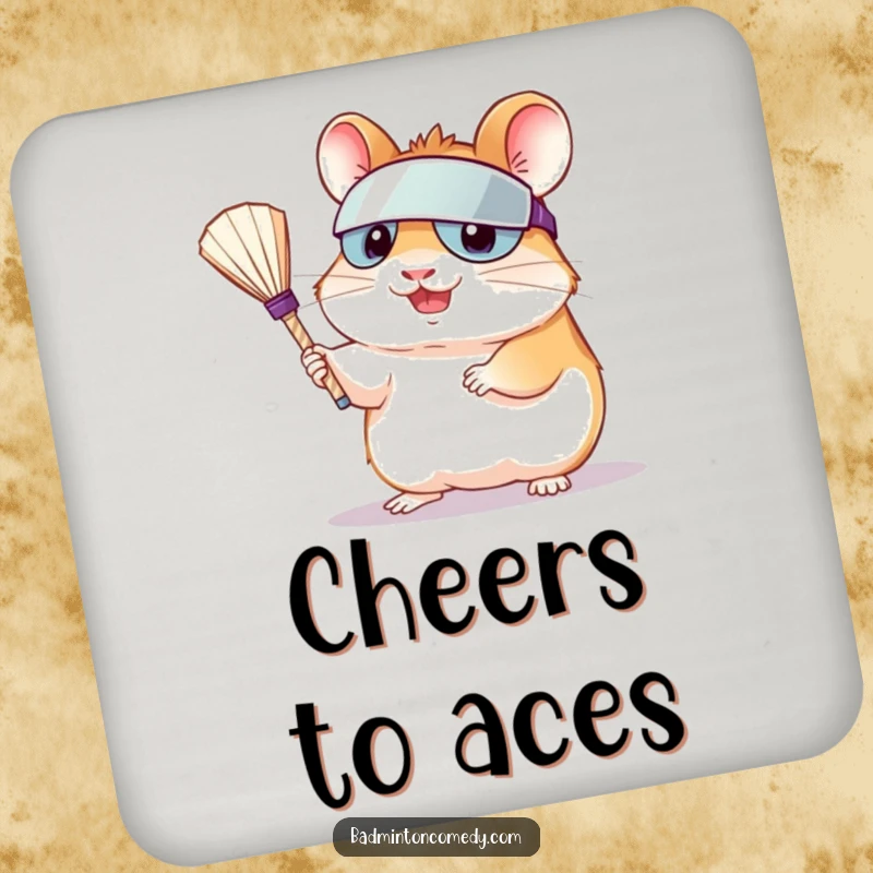 Funny hamster in visor serving shuttlecock on a drink coaster, bringing athletic humor to your table settings.