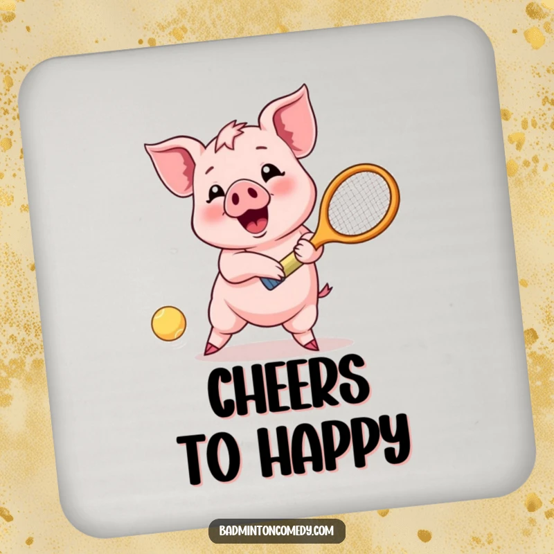 Funny Piglet Joy Coaster: A happy piglet character enthusiastically returns a shuttlecock shot, protecting surfaces with a smile.