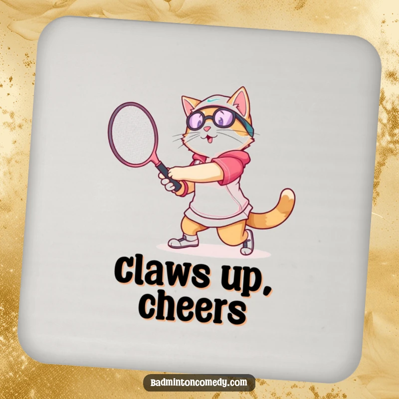 Funny cat wearing athletic gear, swinging a badminton racket with gusto, on a humorous drink coaster.