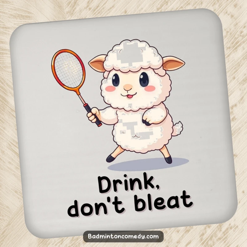 Funny determined sheep playing badminton with a shuttlecock on this protective and humorous drink coaster.