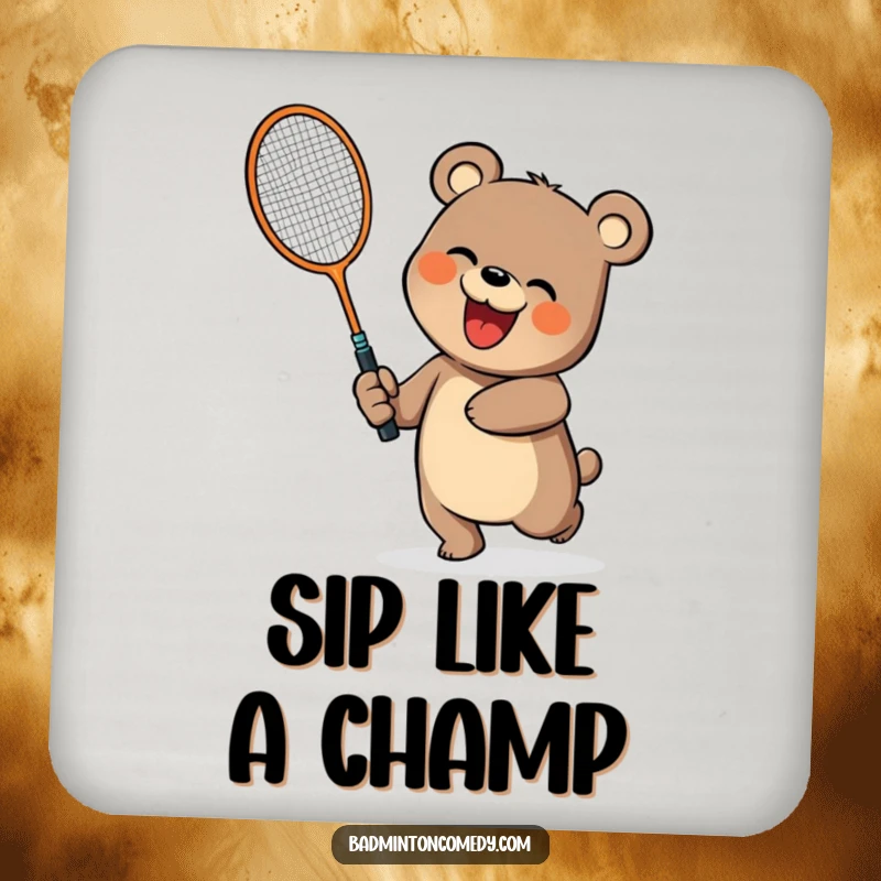 Funny bear playing badminton on a coaster, perfect for a funny gift.