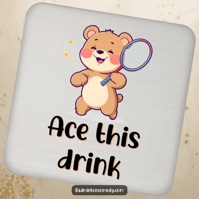 Funny Bear Badminton Coasters featuring a bear character ready to smash a shuttlecock with a racket, protecting surfaces humorously.