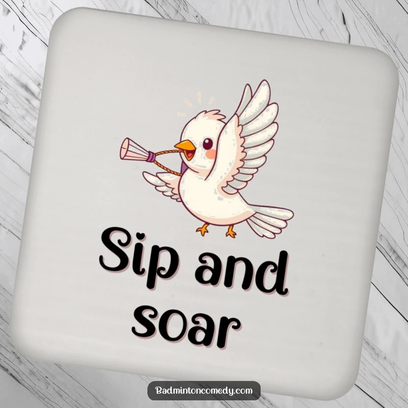Funny bird character soaring with a shuttlecock in its beak, on a humorous badminton drink coaster, protecting surfaces.