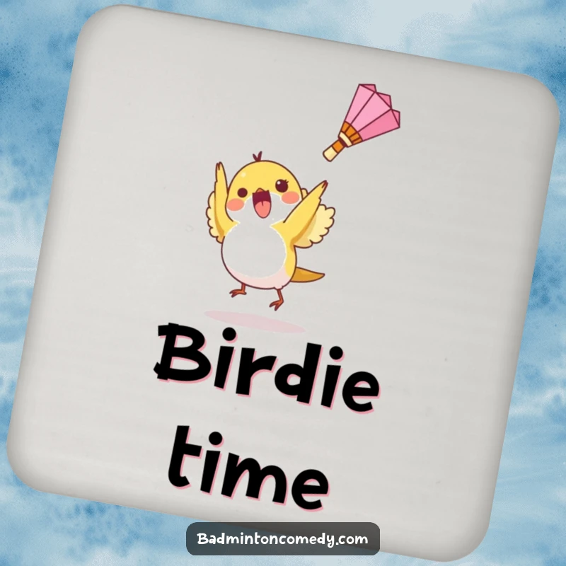 Funny drink coaster with a small bird character hitting a shuttlecock upwards, great for protecting furniture.