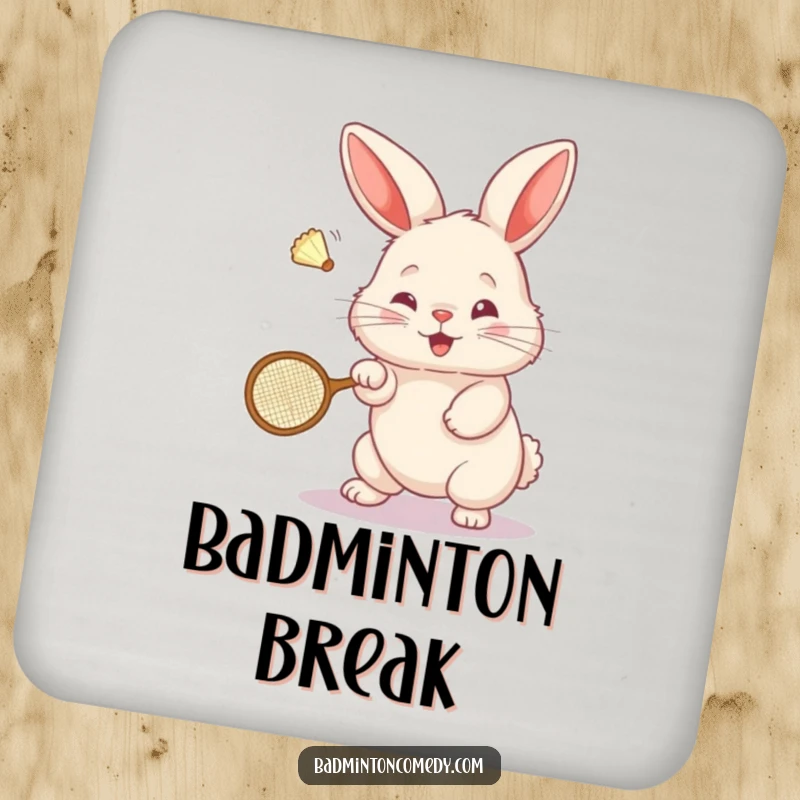 Funny Bunny Badminton Coaster: A fluffy bunny character is depicted mid-smash with a shuttlecock and tiny badminton racket.