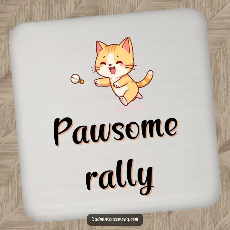 Funny Cat Badminton Coaster: A joyful cat character is depicted mid-chase, joyfully pursuing a shuttlecock on a badminton court.