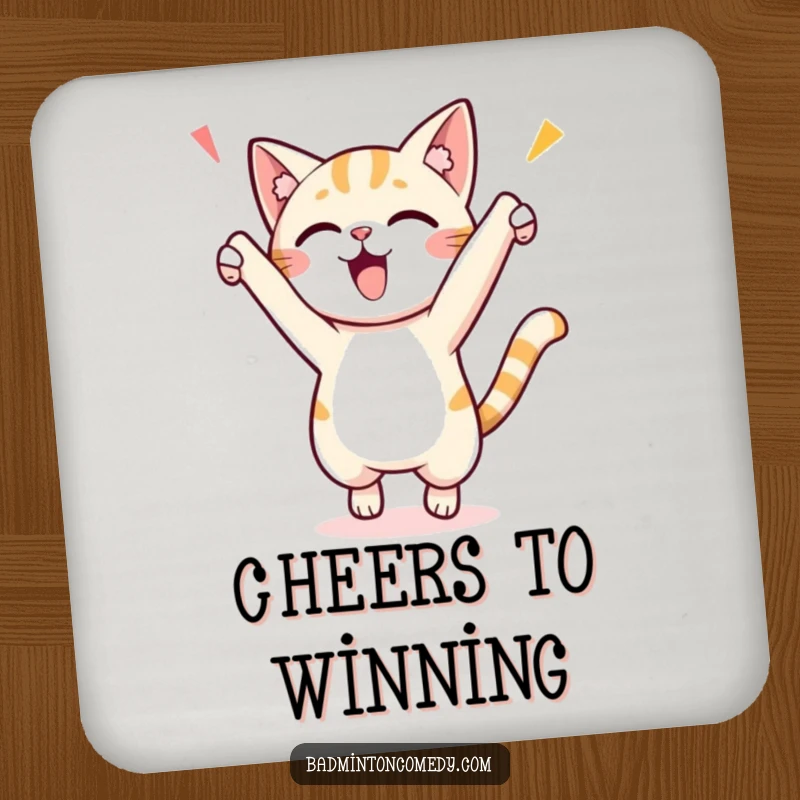 Funny coaster featuring a small cat character performing an enthusiastic victory jump, a playful addition to protect surfaces.