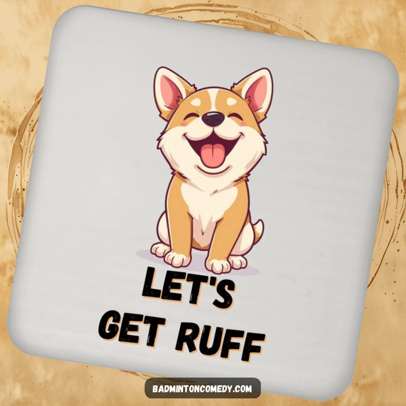 Funny happy dog panting after a badminton rally on a drink coaster, offering surface protection.