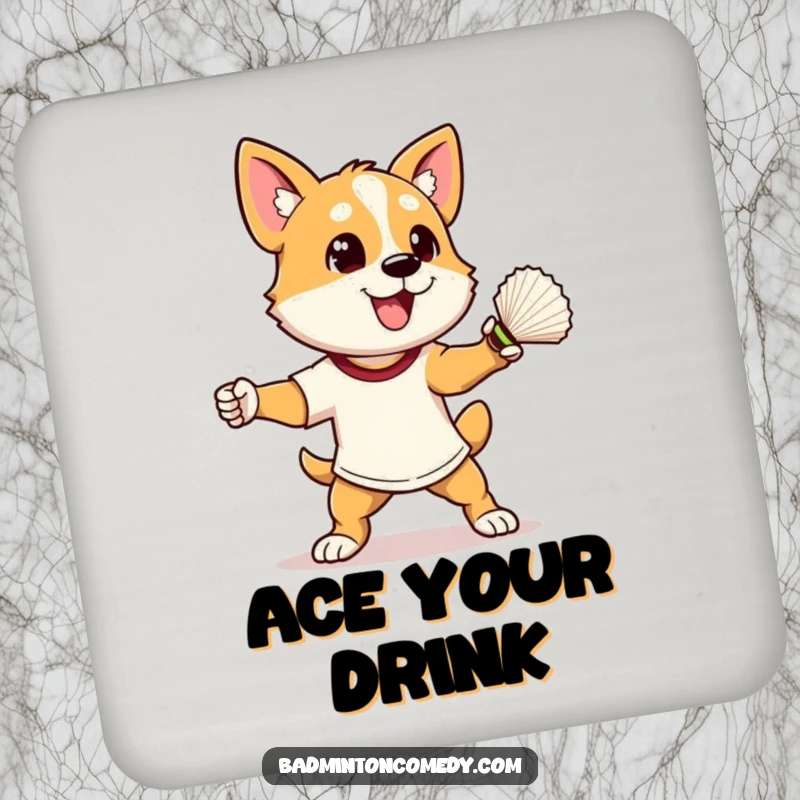 Funny dog in athletic stance, ready to smash a shuttlecock, on a humorous badminton drink coaster, protecting surfaces.