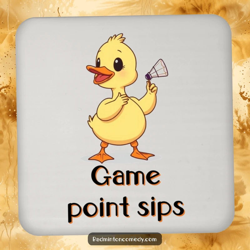 Funny duckling coaster, a determined baby bird comically poised to smash a shuttlecock with its beak, adding humor to your drink service.