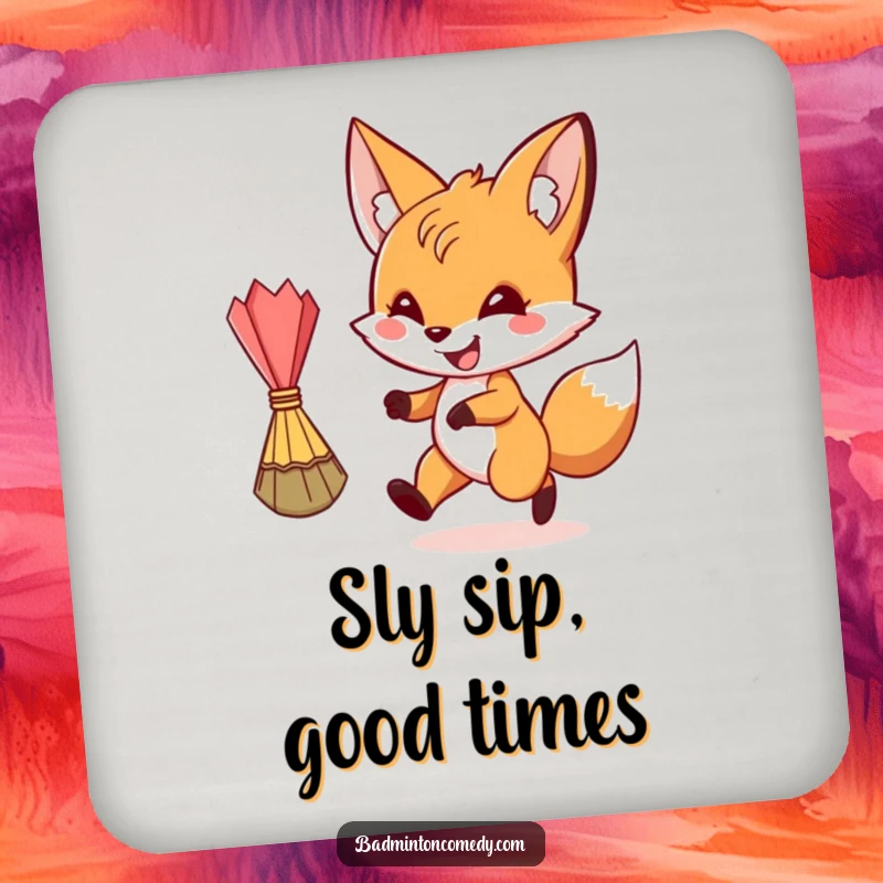 Funny fox playing badminton with a grin on a coaster, perfect for a funny gift.