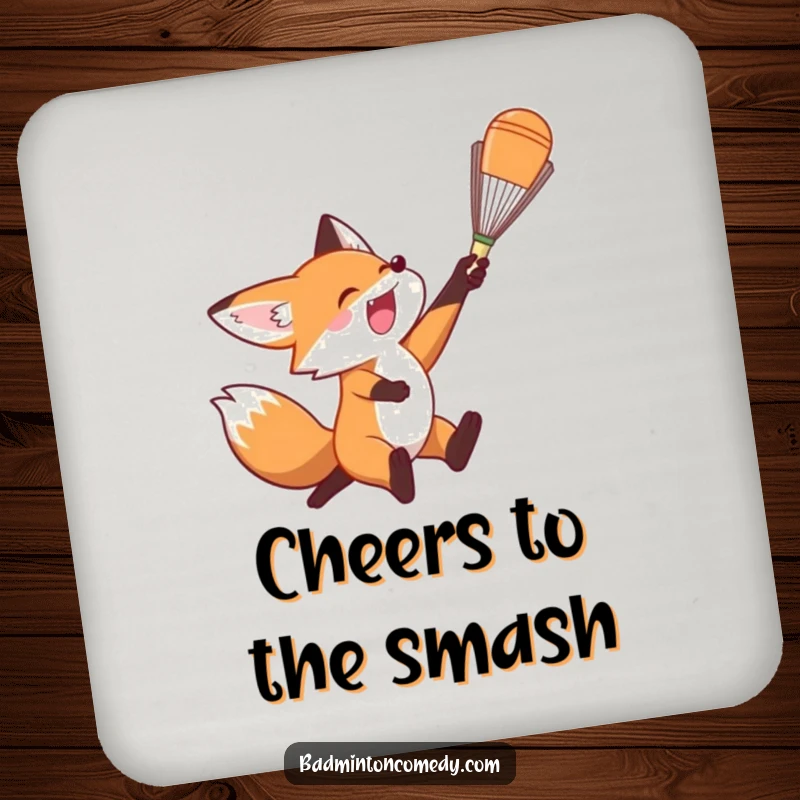 Funny Fox Coaster: A coaster with an illustration of a fox leaping to smash a badminton shuttlecock.