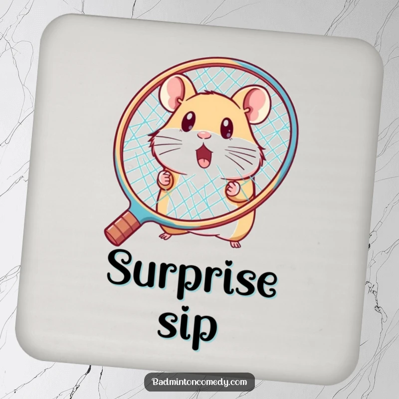 Funny hamster peeking behind a large racket, surprised, on a humorous badminton drink coaster, protecting tabletops.
