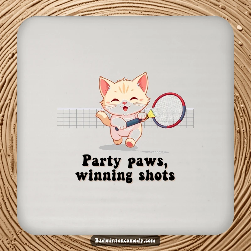 Funny Kitten Badminton Coaster: A playful kitten chasing a shuttlecock, protecting surfaces with a humorous and cute sports design.