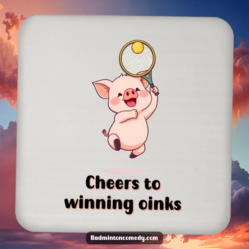 Funny Piglet Badminton Coaster: A gleeful piglet jumping with a badminton racket, protecting surfaces humorously.