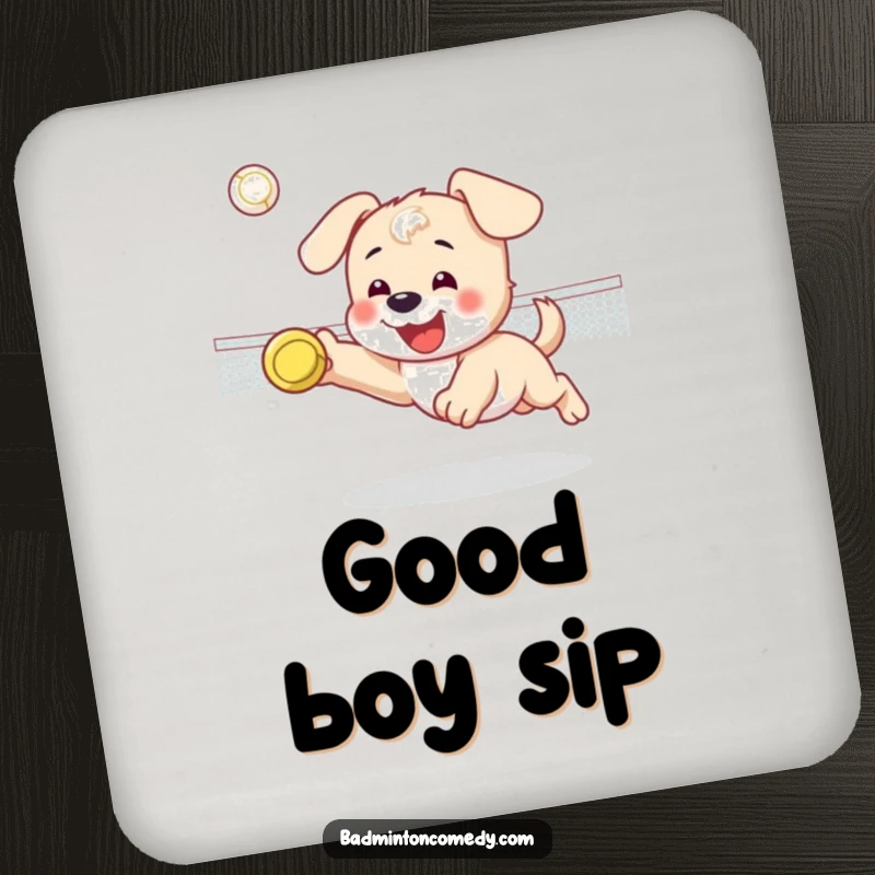 Funny drink coaster with a happy puppy character diving for a shuttlecock on a badminton court, great for surface protection.