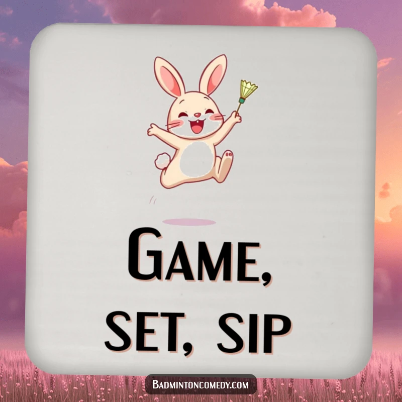 Funny Coaster: A smiling rabbit in mid-air, energetically smashing a badminton shuttlecock, adding a playful touch to surfaces.