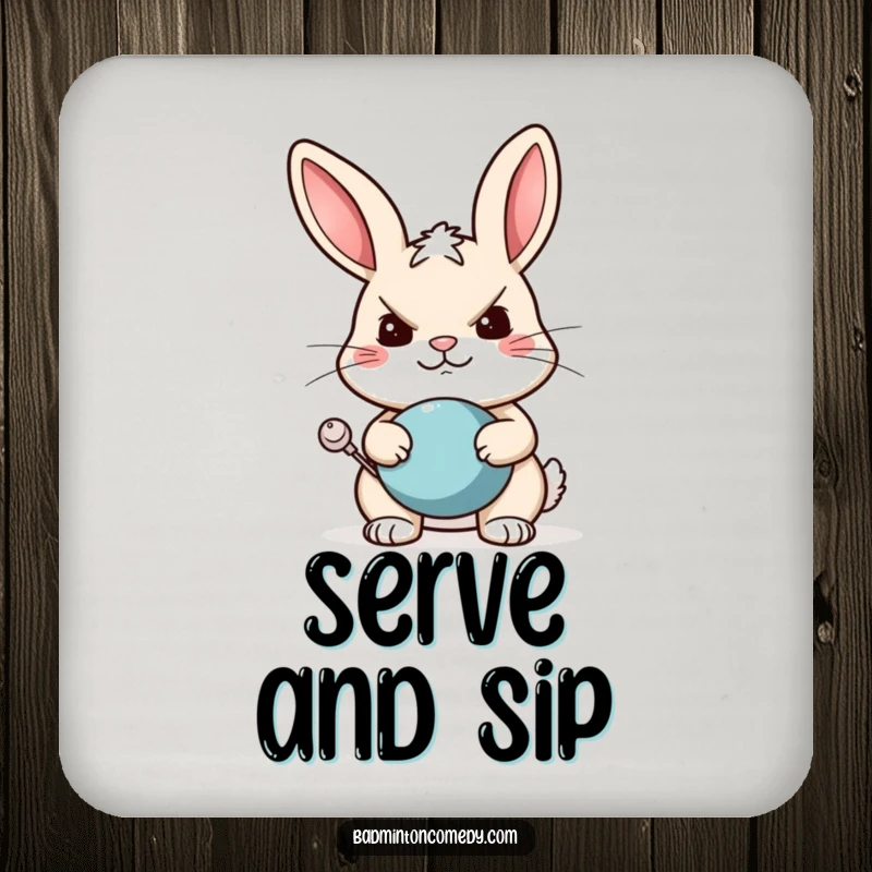 Funny rabbit tennis coasters featuring a determined rabbit ready to serve, protecting your surfaces with a grin.
