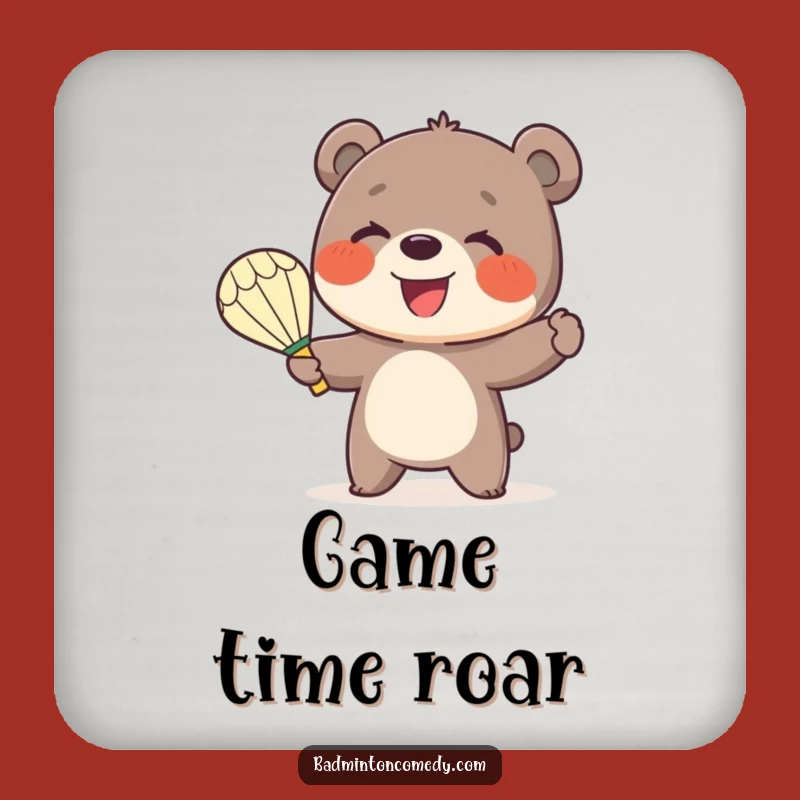 Funny Bear Badminton Coaster: Smiling Cub Serve Decor - Unique Gift!