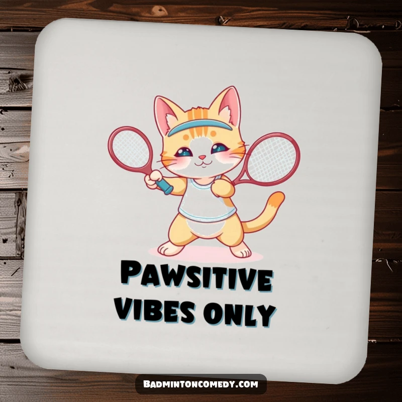 Funny cat playing badminton with a wrist flick on a coaster, perfect for a funny gift.