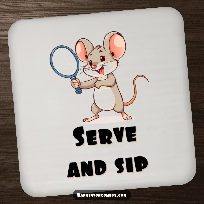 Funny mouse executing a smash with a racket on a drink coaster, offering surface protection with humor.