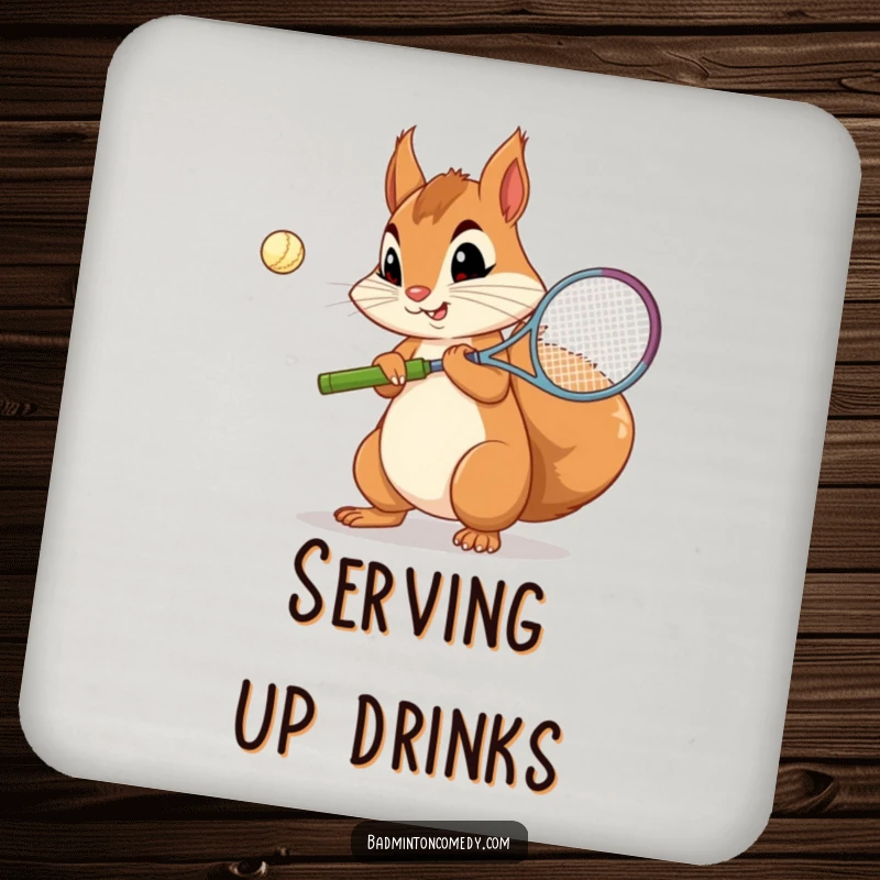Funny Squirrel Badminton Coaster: A curious squirrel concentrating on its badminton serve, humorously protecting surfaces.